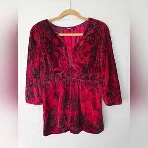 Apt 9 Blouse M Medium Black Red Floral Velvet Womens V Neck 3/4 Sleeve